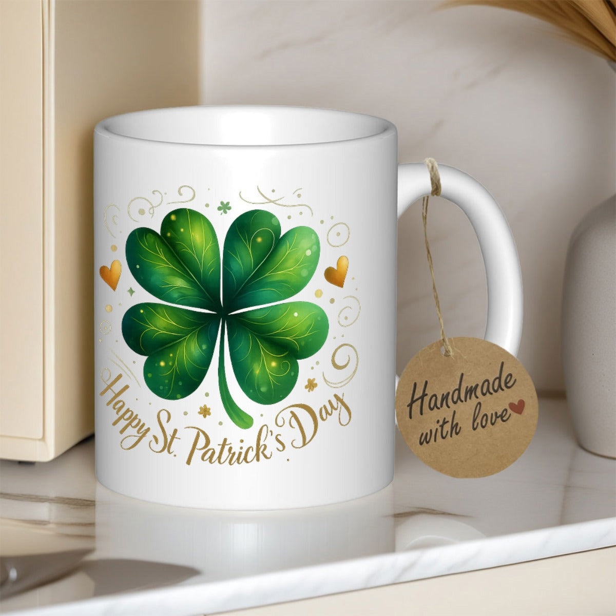 Tailorly White Ceramic 11 oz Mug - Happy St Patricks Day Vibrant Green Four Leaf Foliage With Golden Hearts And Swirls Clover