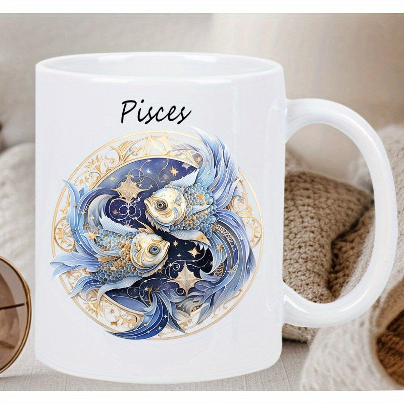 Tailorly White Ceramic 11 oz Mug - Pisces Elegant Fishes Swimming In A Celestial Starry Golden Ornamented Circle Fish