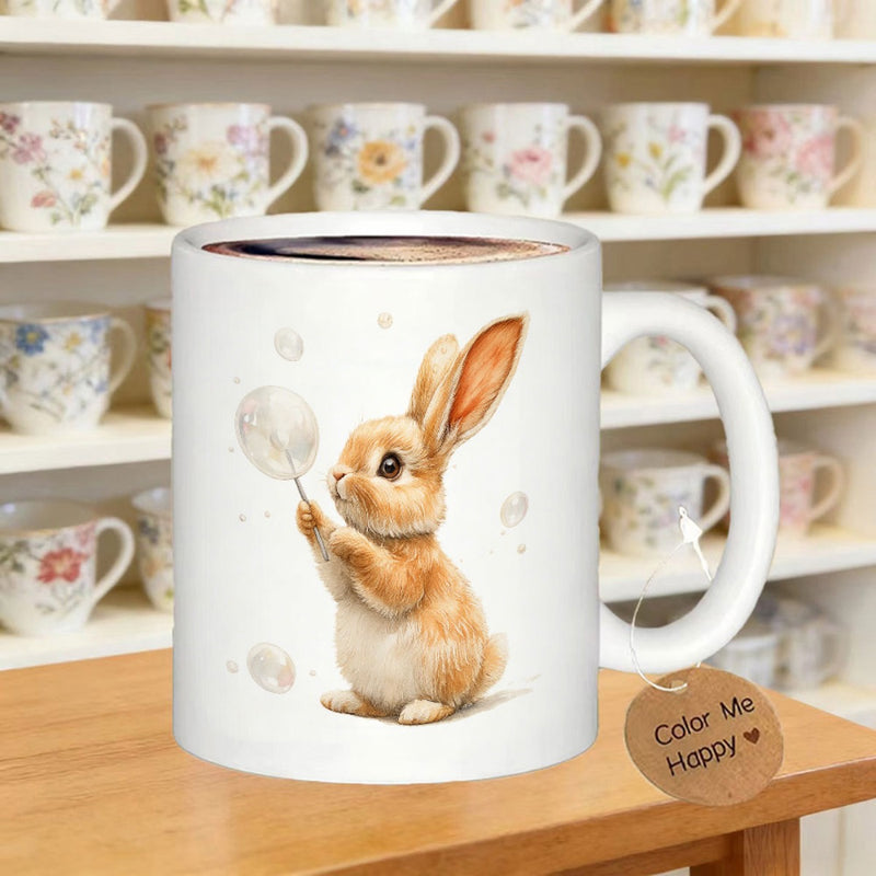 Tailorly White Ceramic 11 oz Mug - Color Me Happy Adorable Fluffy Brown Bunny Holding A Delicate White Dandelion Rabbit