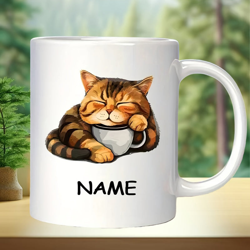 Tailorly White Ceramic 11 oz Mug - Name Adorable Striped Brown Tabby Resting Peacefully Beside A Small Coffee Mug Cat