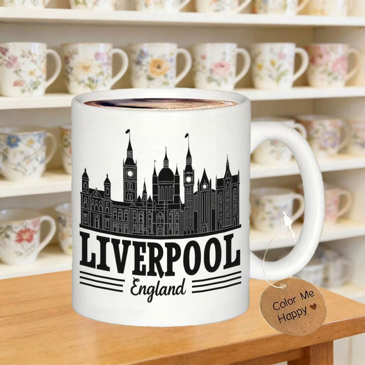 Tailorly White Ceramic 11 oz Mug - Liverpool England Iconic Architectural Building Silhouettes Representing A Famous British City Skyline