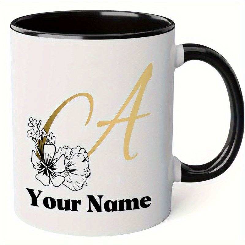 Tailorly Black Accent 11 oz Mug - initial letter with floral golden detail