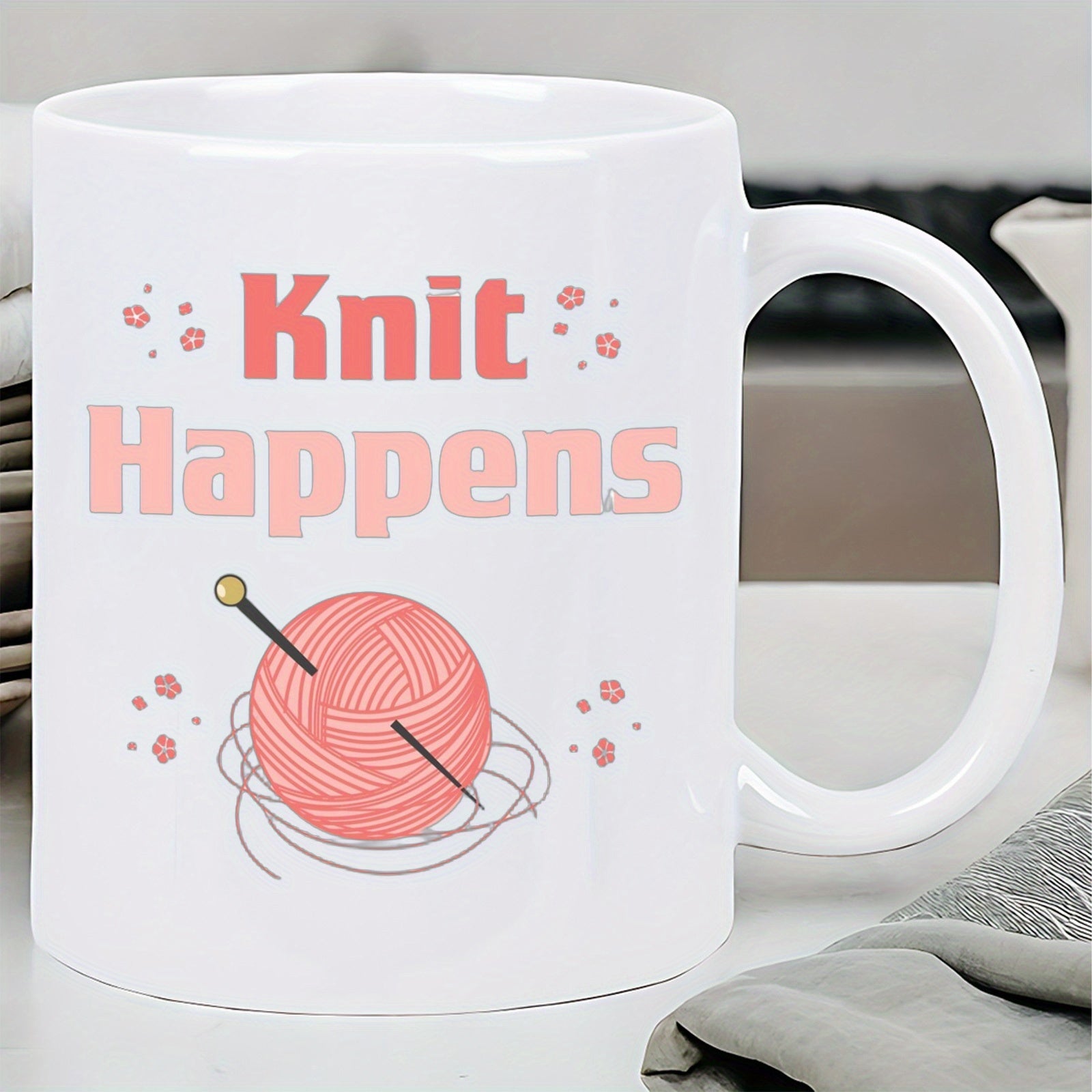 Tailorly White Ceramic 11 oz Mug - Knit Happens Cozy Pink Ball Of Yarn With Single Knitting Needle And Small Flowers Yarn