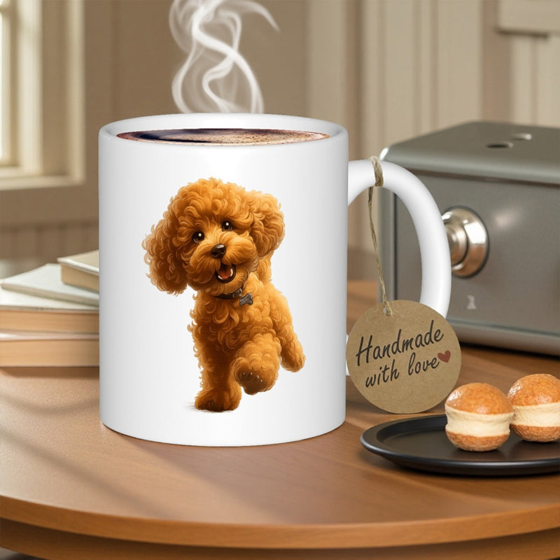 Tailorly White Ceramic 11 oz Mug - Handmade With Love Adorable Curly Brown Poodle With Happy Expression Standing On White Background Dog