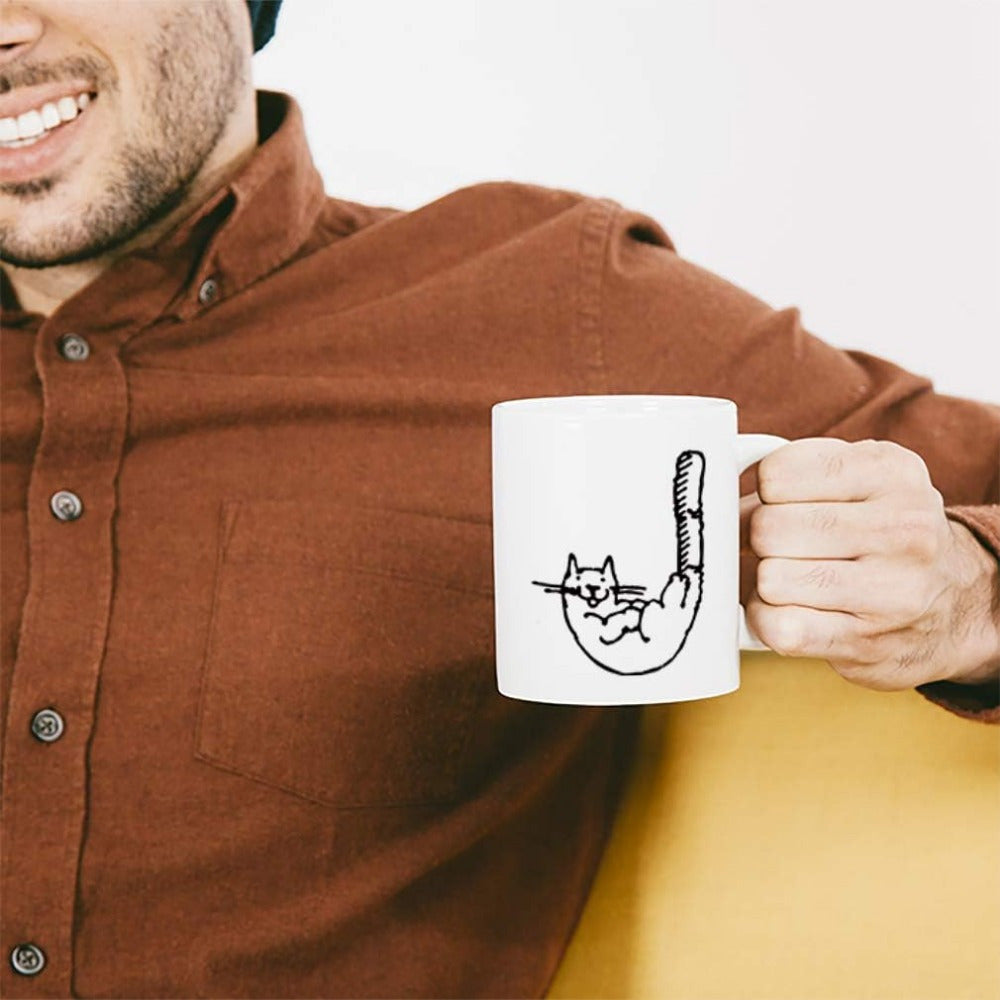 Tailorly White Ceramic 11 oz Mug - Minimalist Black Line Art Sketch Of A Playful Stretching Cat