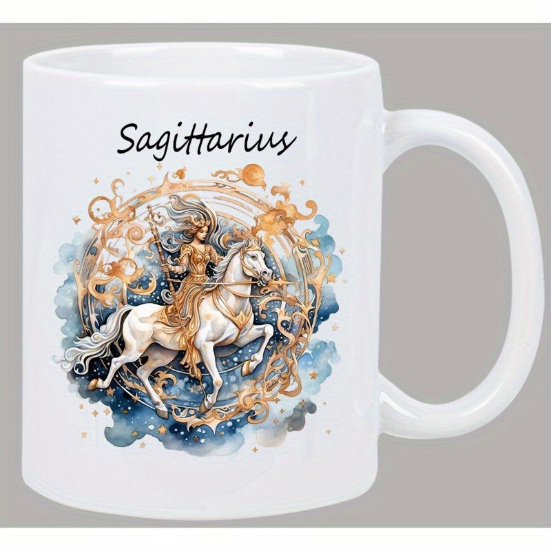 Tailorly White Ceramic 11 oz Mug - Sagittarius Elegant Lady Riding Majestic White Horse Among Golden Celestial Swirling Ornaments Rider
