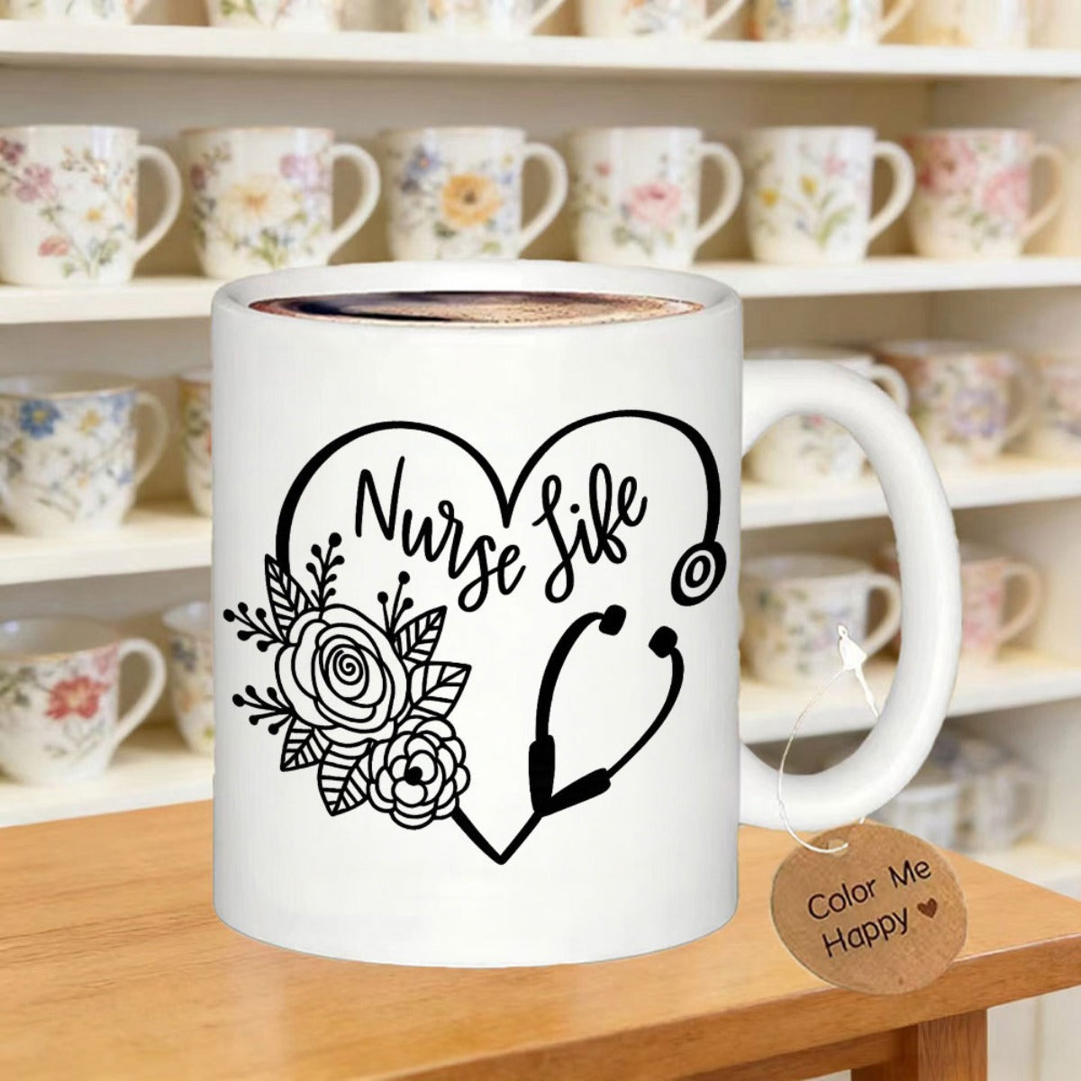 Tailorly White Ceramic 11 oz Mug - Nurse Life Intricate Rose Flowers Arranged Inside A Heart Shaped Medical Stethoscope