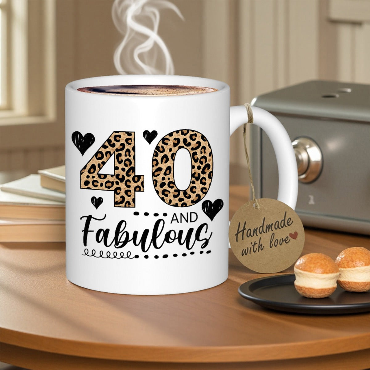 Tailorly White Ceramic 11 oz Mug - 40 And Fabulous Stylish Leopard Print Number Forty Surrounded By Small Minimalist Black Hearts Mug