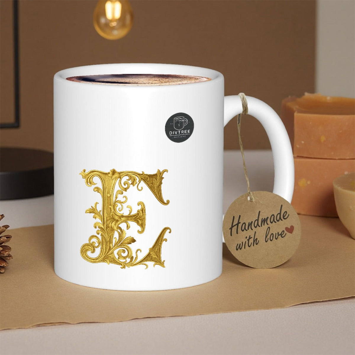 Tailorly White Ceramic 11 oz Mug - Handmade With Love Ornate Gold Filigree Floral Pattern Decorative Initial E Letter