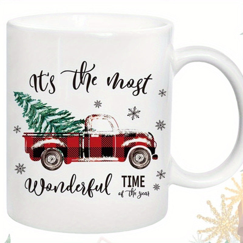 Tailorly White Ceramic 11 oz Mug - Its The Most Wonderful Time Of The Year Red Buffalo Plaid Vintage Pickup Carrying Green Pine Tree Among Falling Snowflakes Truck