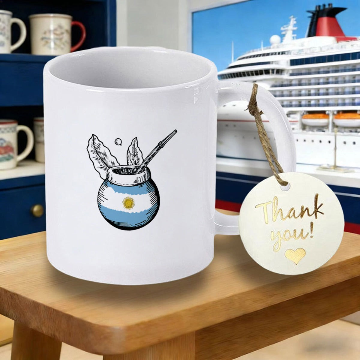 Tailorly White Ceramic 11 oz Mug - Traditional Mate Gourd Featuring Argentina Flag Colors And Delicate White Feathers Gourd