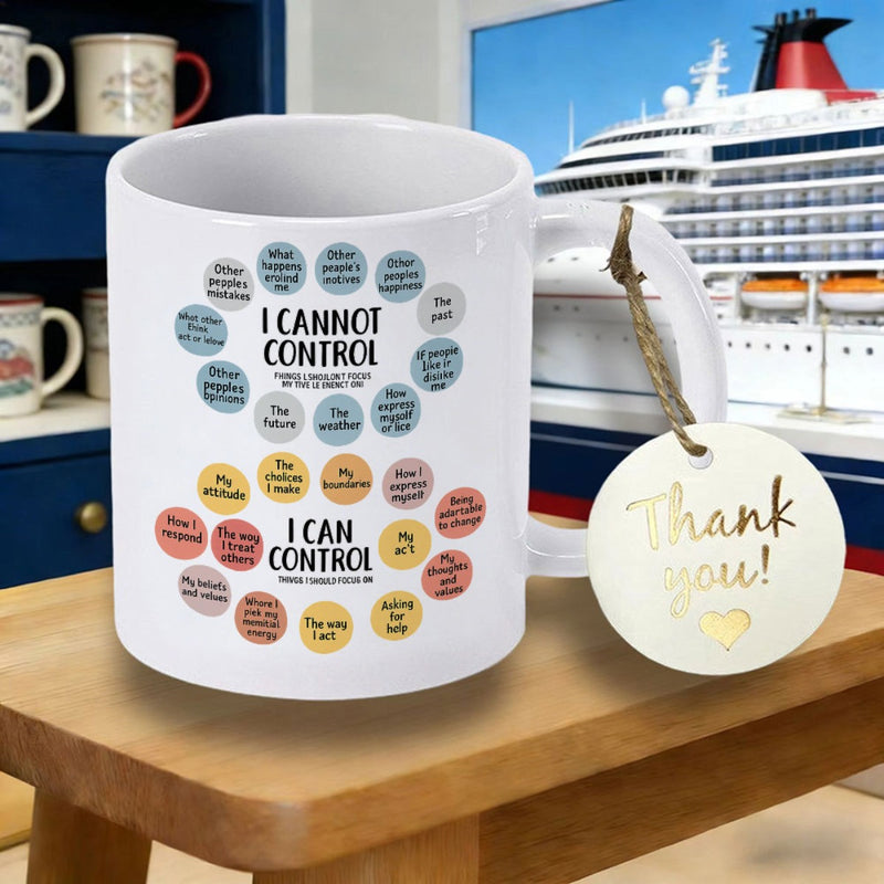 Tailorly White Ceramic 11 oz Mug - I Can Control I Cannot Control Minimalist Circular Diagrams Featuring Motivational Text On