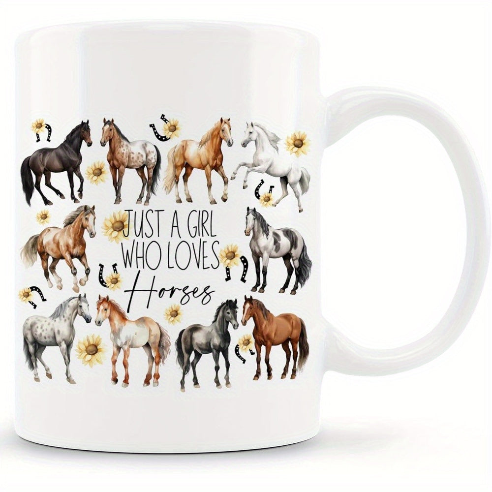 Tailorly White Ceramic 11 oz Mug - Just A Girl Who Loves Horses Majestic Different Breeds Of Horses Standing Among Sunflowers And Small Horseshoes Horse