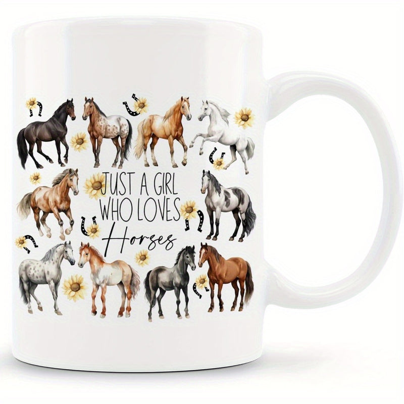 Tailorly White Ceramic 11 oz Mug - Just A Girl Who Loves Horses Majestic Different Breeds Of Horses Standing Among Sunflowers And Small Horseshoes Horse