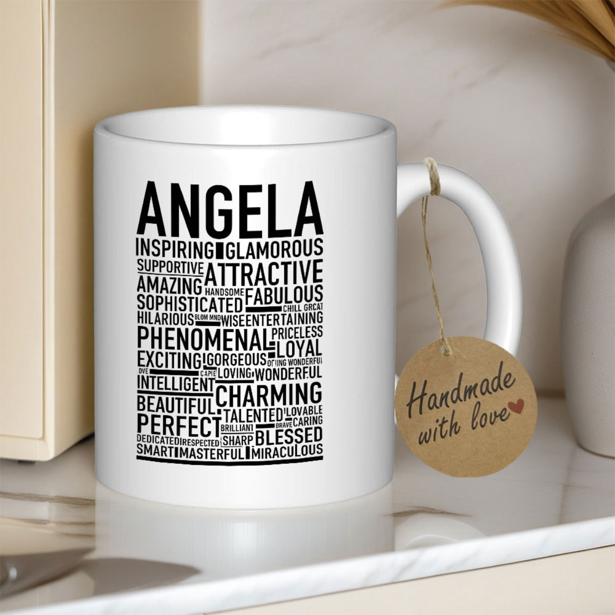 Tailorly White Ceramic 11 oz Mug - Angela Sleek Featuring Bold Black Block Typography Adjectives Mug