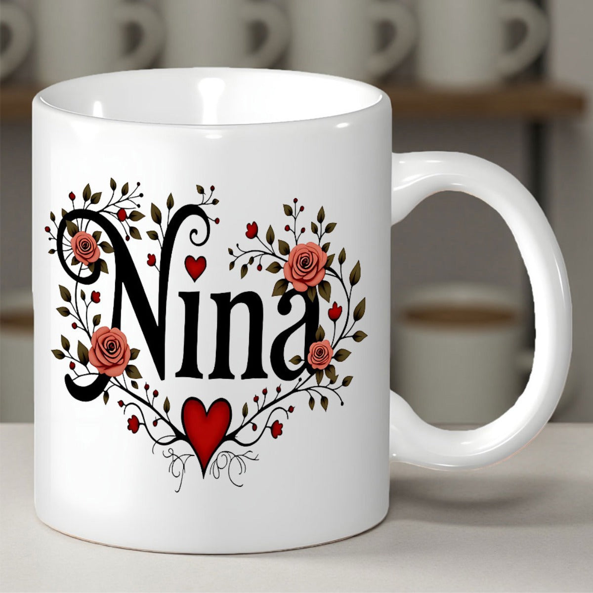 Tailorly White Ceramic 11 oz Mug - Nina Elegant Roses And Small Leaves Forming A Beautiful Floral Heart