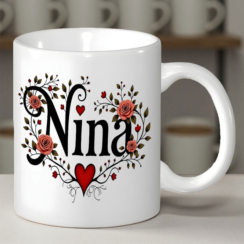 Tailorly White Ceramic 11 oz Mug - Nina Elegant Roses And Small Leaves Forming A Beautiful Floral Heart