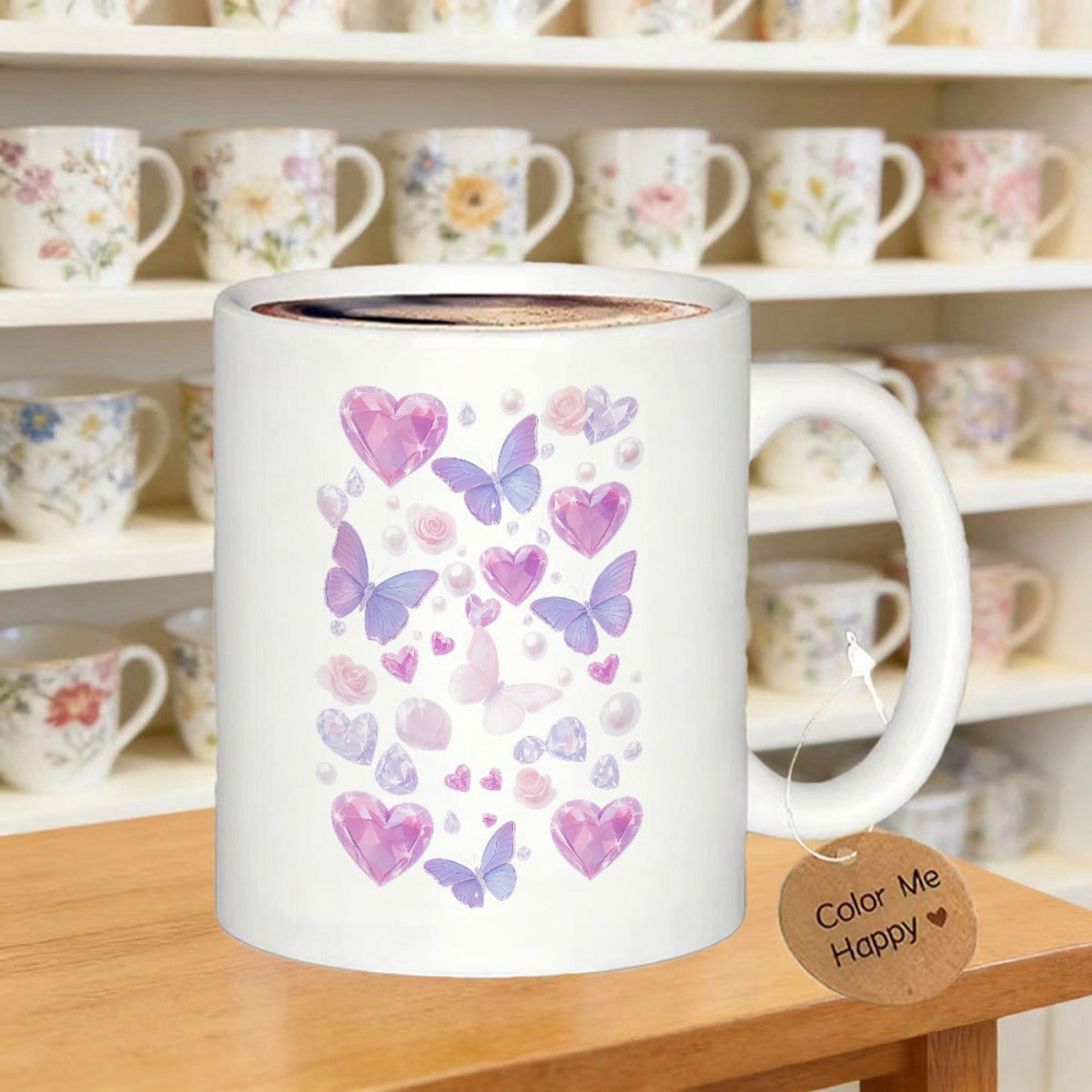 Tailorly White Ceramic 11 oz Mug - Color Me Happy Delicate Soft Purple Watercolor Hearts Fluttering Peacefully Within The Artistic Composition Butterfly