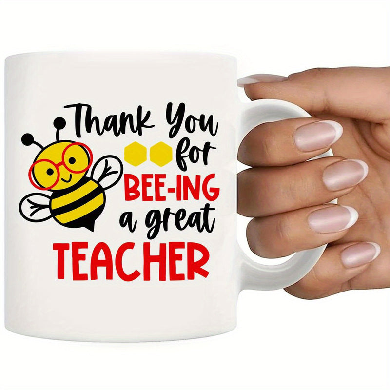 Tailorly White Ceramic 11 oz Mug - Thank You For Bee Ing A Great Teacher Cartoon Bee Wearing Red Glasses Flying Next To Small Yellow Honeycomb Shapes Bee