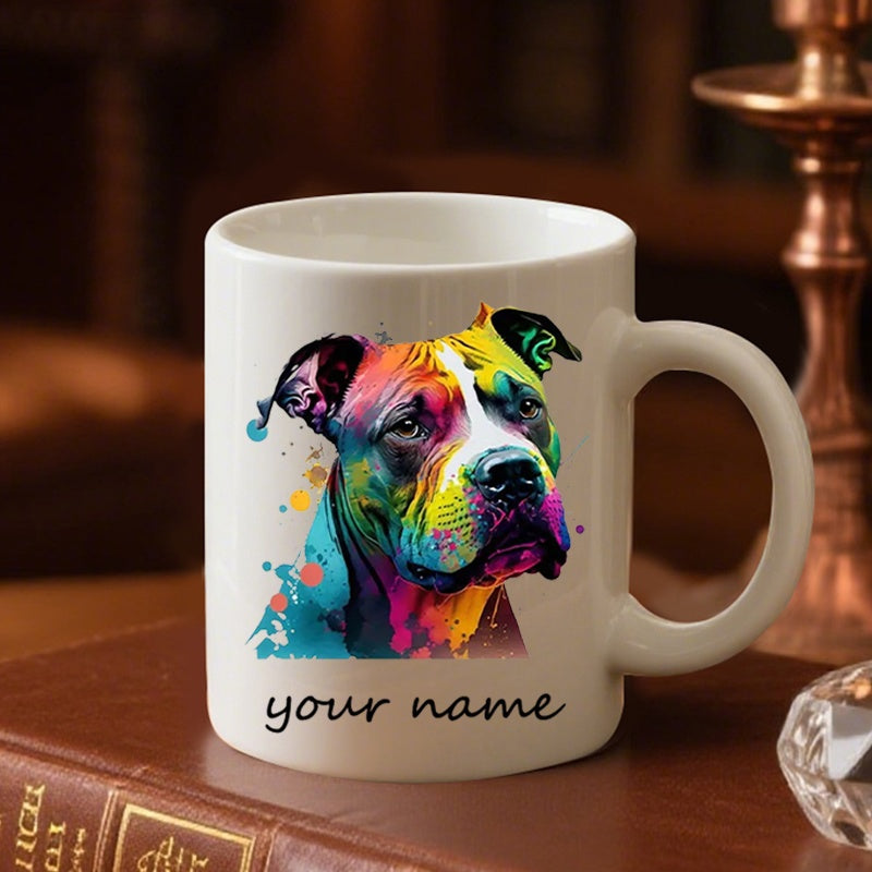 Tailorly White Ceramic 11 oz Mug - Your Name Vibrant Colorful Watercolor Splatter Design Featuring A Loyal Pitbull Dog
