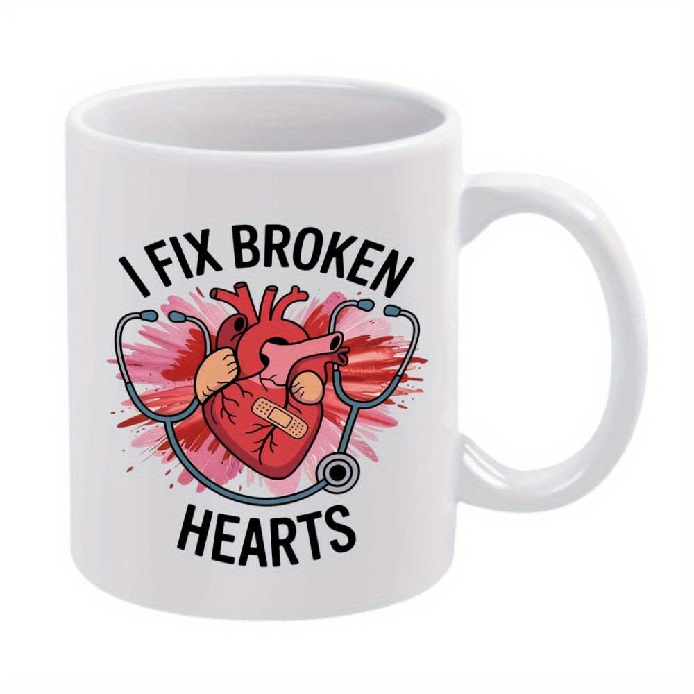 Tailorly White Ceramic 11 oz Mug - I Fix Broken Hearts Anatomical Heart Wrapped In Stethoscope With Vibrant Red Watercolor Paint Splashes Heart