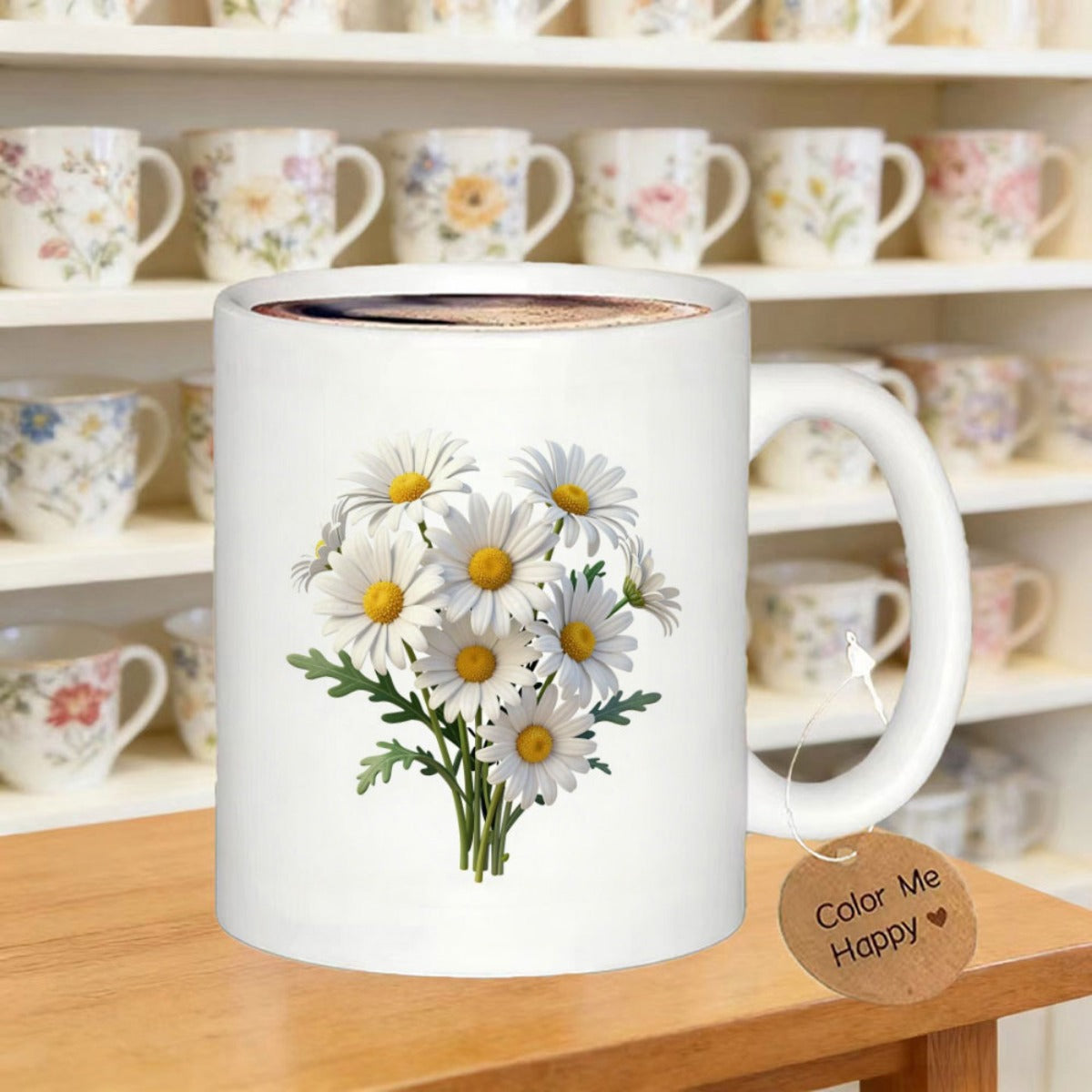 Tailorly White Ceramic 11 oz Mug - Beautiful White Daisy Flower Bouquet With Green Leaves And Yellow Centers Daisy