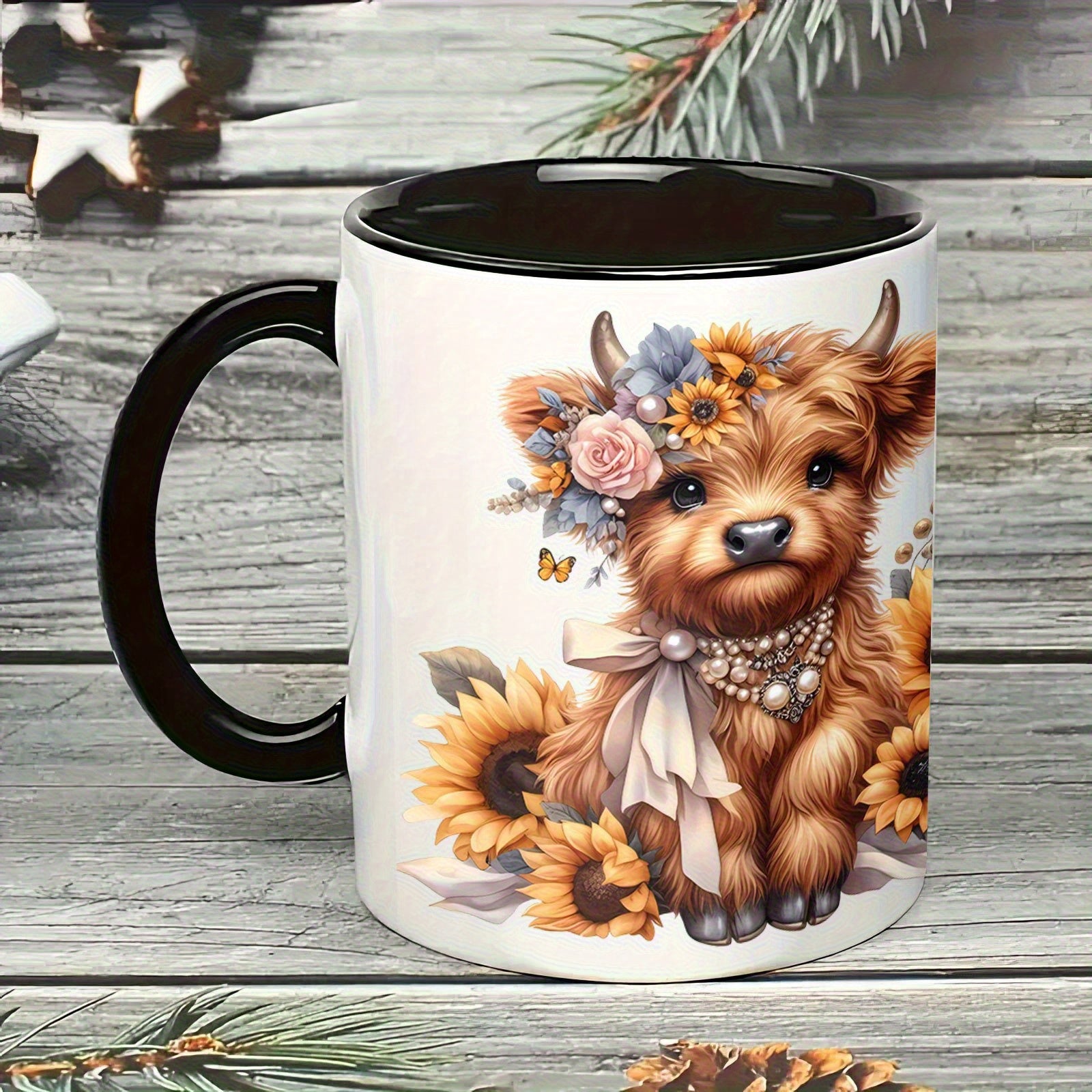 Tailorly Black Accent 11 oz Mug - highland cow and sunflower