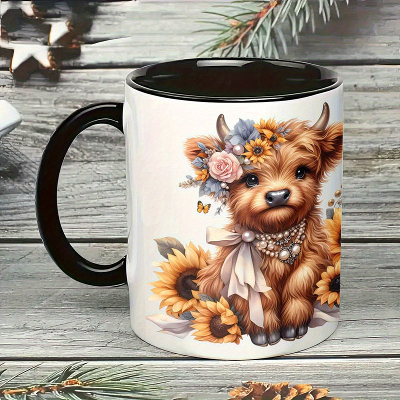 Tailorly Black Accent 11 oz Mug - highland cow and sunflower
