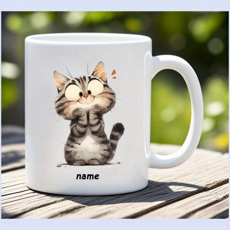 Tailorly White Ceramic 11 oz Mug - Name Adorable Striped Kitten Sitting With Big Eyes And Tiny Paws Cat