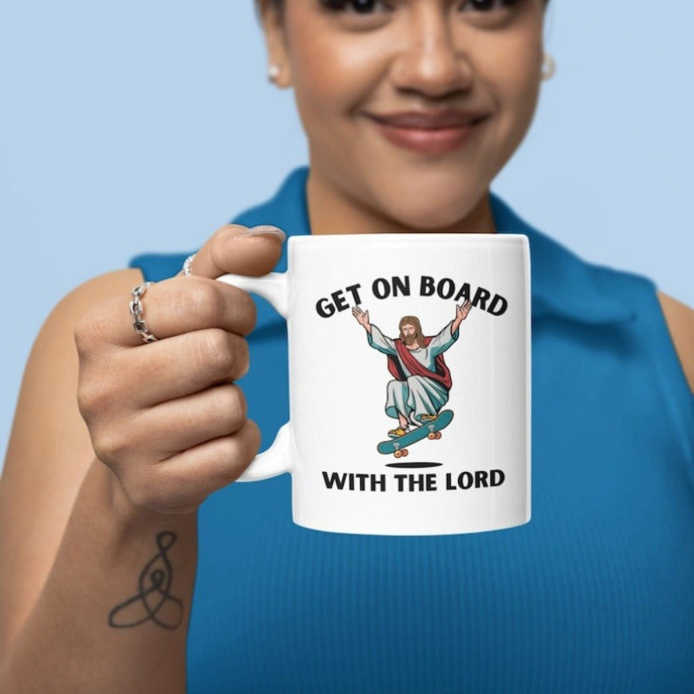 Tailorly White Ceramic 11 oz Mug - Get On Board With The Lord Dynamic Cartoon Religious Figure Riding Skateboard With Arms Raised Jesus
