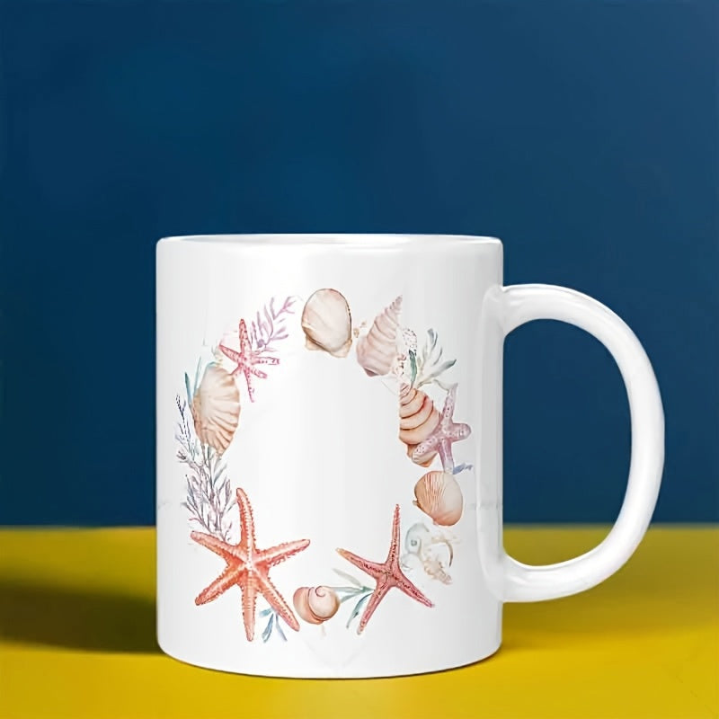 Tailorly White Ceramic 11 oz Mug - Elegant Watercolor Marine Wreath Featuring Delicate Starfish Among Coastal Seashell