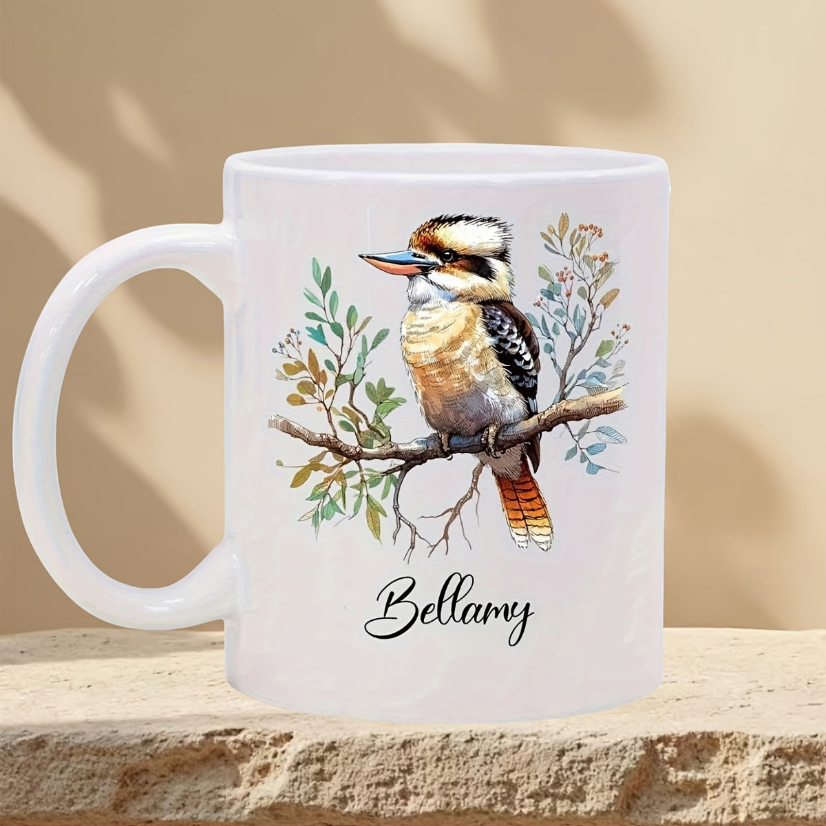 Tailorly White Ceramic 11 oz Mug - Bellamy Artistic Watercolor Bird Perched On A Branch Among Green Leaves Kookaburra