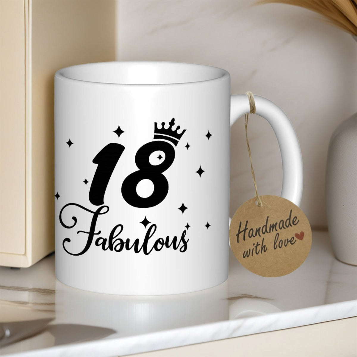Tailorly White Ceramic 11 oz Mug - 18 Fabulous Elegant Script Lettering With Minimalist Crown And Sparkling Decorative Stars Mug