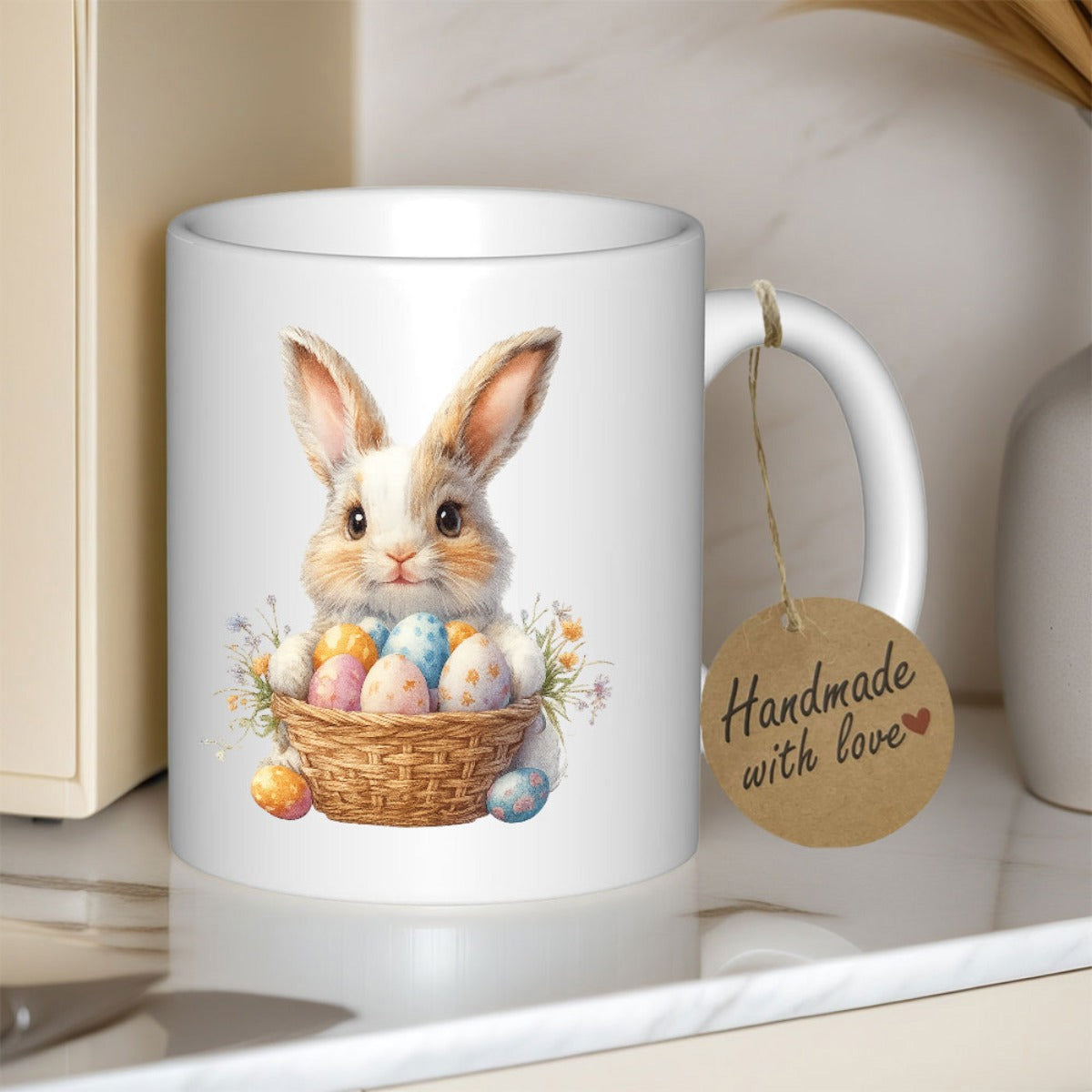 Tailorly White Ceramic 11 oz Mug - Handmade With Love Adorable Fluffy Rabbit Sitting Behind A Basket Filled With Colorful Easter Eggs Bunny