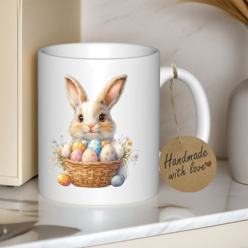 Tailorly White Ceramic 11 oz Mug - Handmade With Love Adorable Fluffy Rabbit Sitting Behind A Basket Filled With Colorful Easter Eggs Bunny