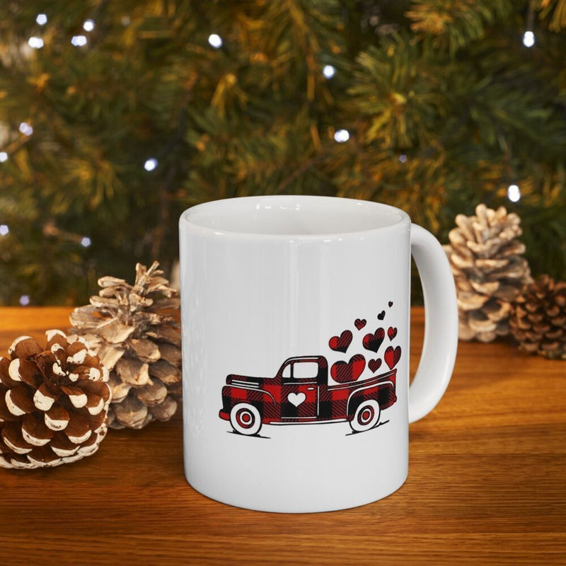 Tailorly White Ceramic 11 oz Mug - Vintage Red Buffalo Plaid Classic Pickup With Floating Love Hearts Truck