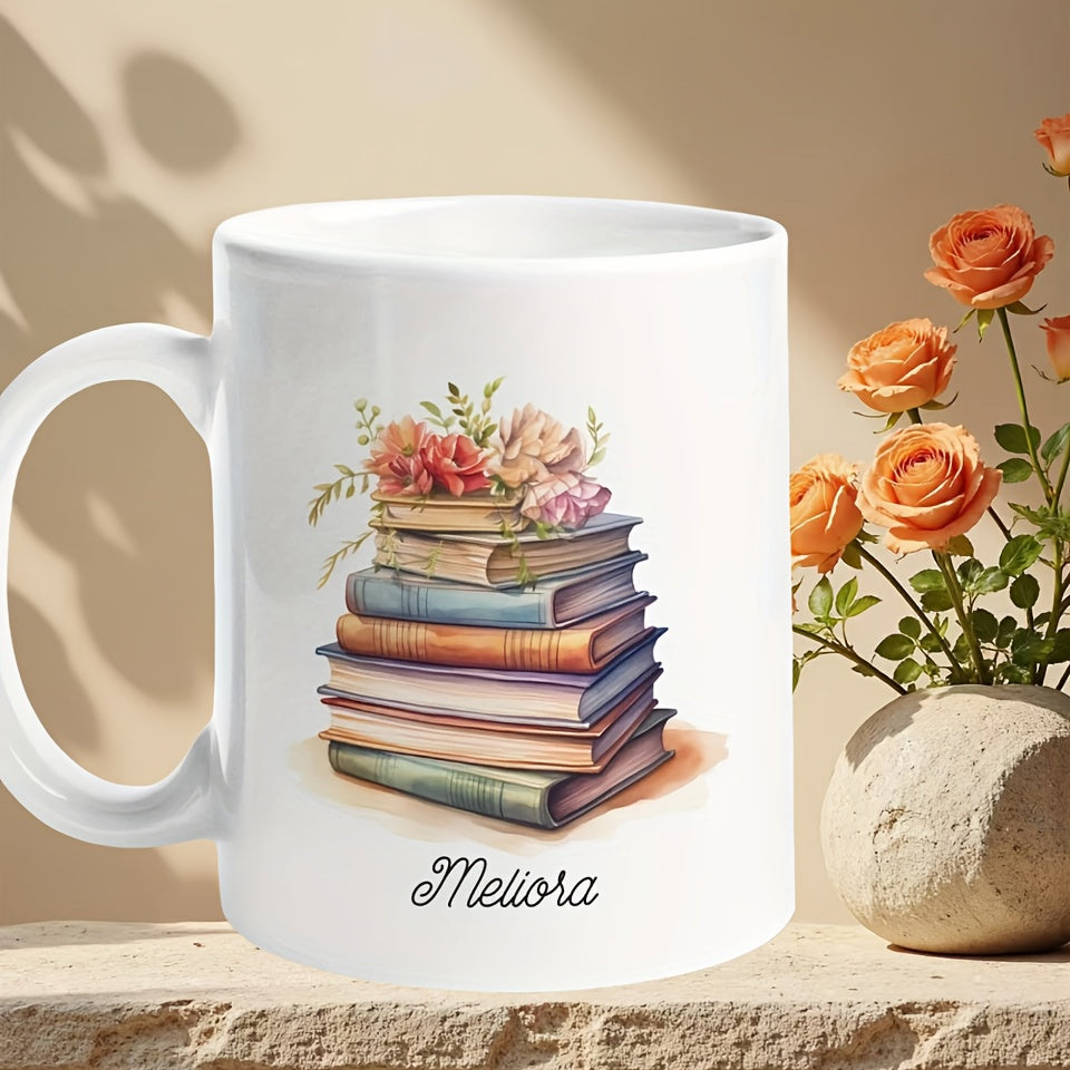 Tailorly White Ceramic 11 oz Mug - Meliora Vintage Stack Of Colorful Hardcover Journals Topped With Elegant Blooming Roses Books