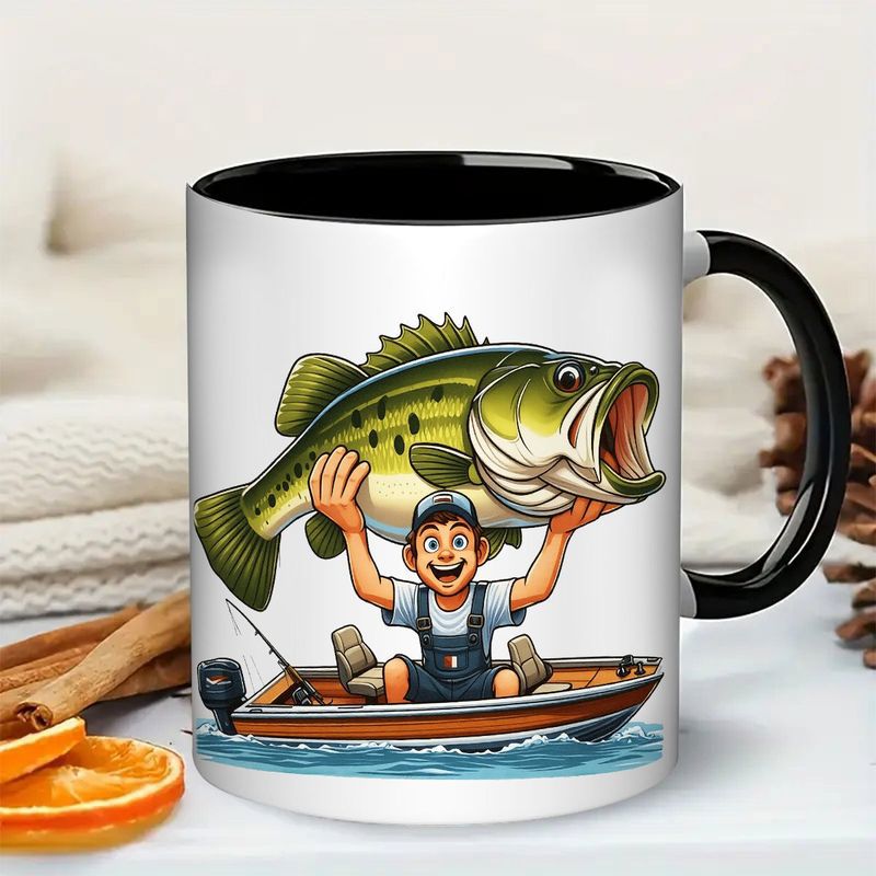 Tailorly Black Accent 11 oz Mug - cartoon fisherman jumping