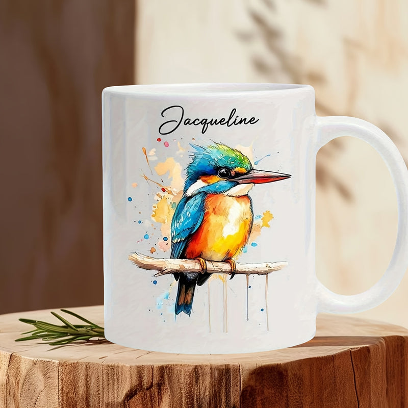 Tailorly White Ceramic 11 oz Mug - Jacqueline Colorful Artistic Watercolor Bird Perching Peacefully On A Wooden Small Branch Kingfisher