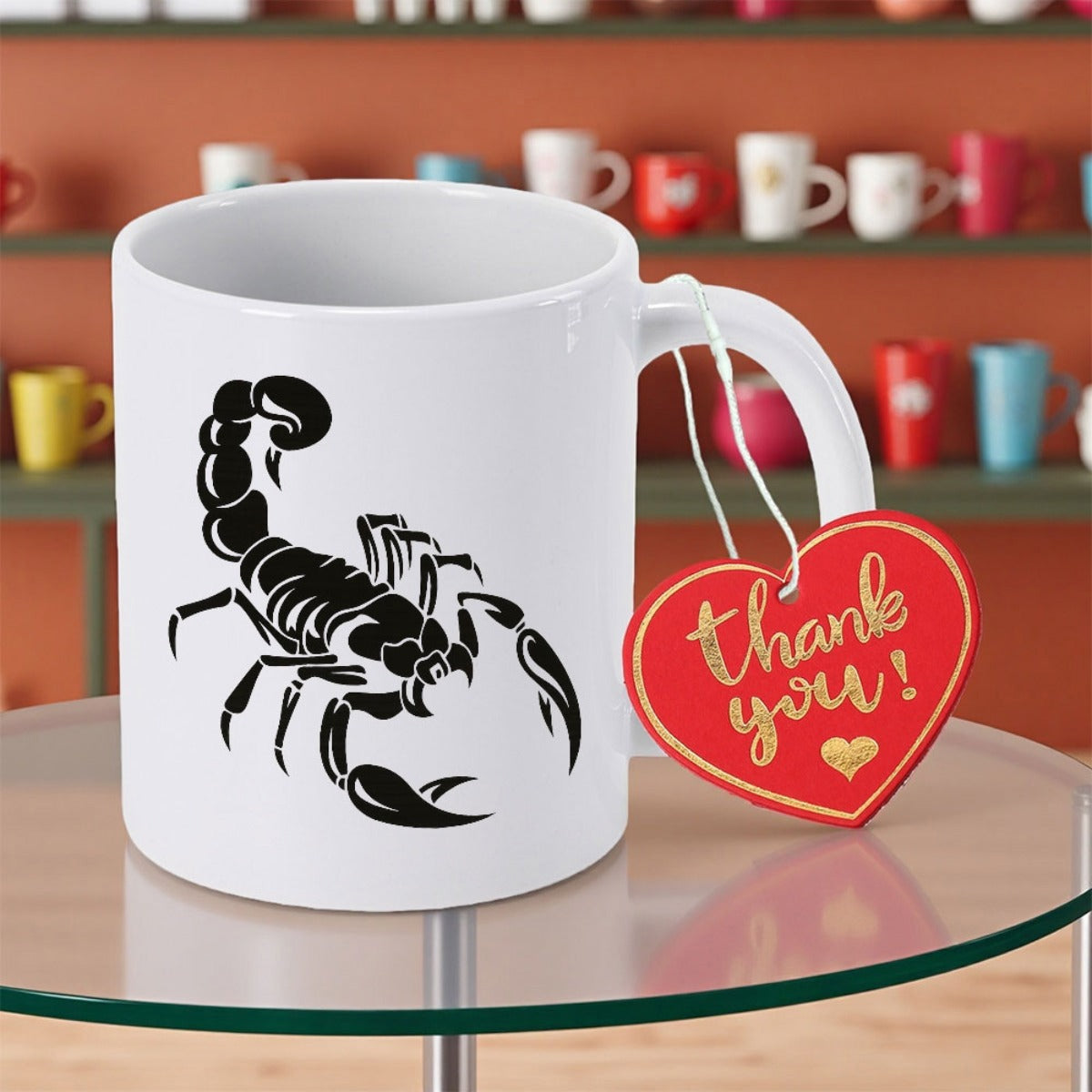 Tailorly White Ceramic 11 oz Mug - Sleek Minimalist Silhouette Design Featuring A Sharp Dangerous Predatory Desert Scorpion