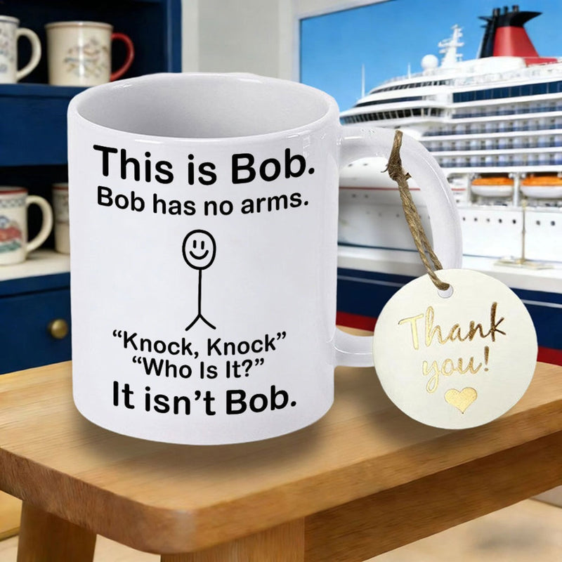 Tailorly White Ceramic 11 oz Mug - This Is Bob Bob Has No Arms Minimalist Black Hand Drawn Smiling Figure On Character