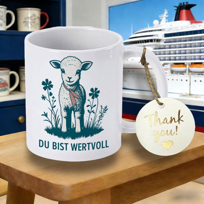 Tailorly White Ceramic 11 oz Mug - Adorable Little Animal Wearing A Pink Scarf Amidst Blooming Blue Flowers Lamb