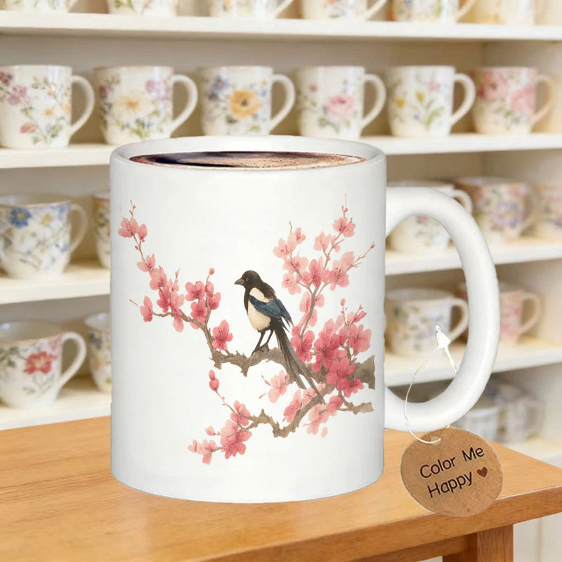 Tailorly White Ceramic 11 oz Mug - Realistic Magpie Perched On Cherry Blossom Branch With Delicate Pink Flowers Bird