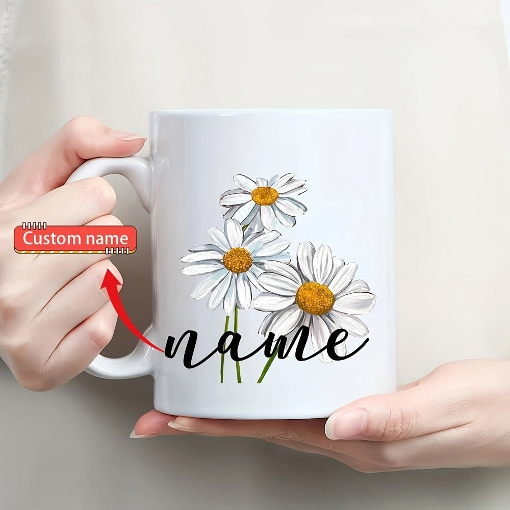 Tailorly White Ceramic 11 oz Mug - Name Three Elegant White Daisies With Golden Centers Blooming On Stems Daisy