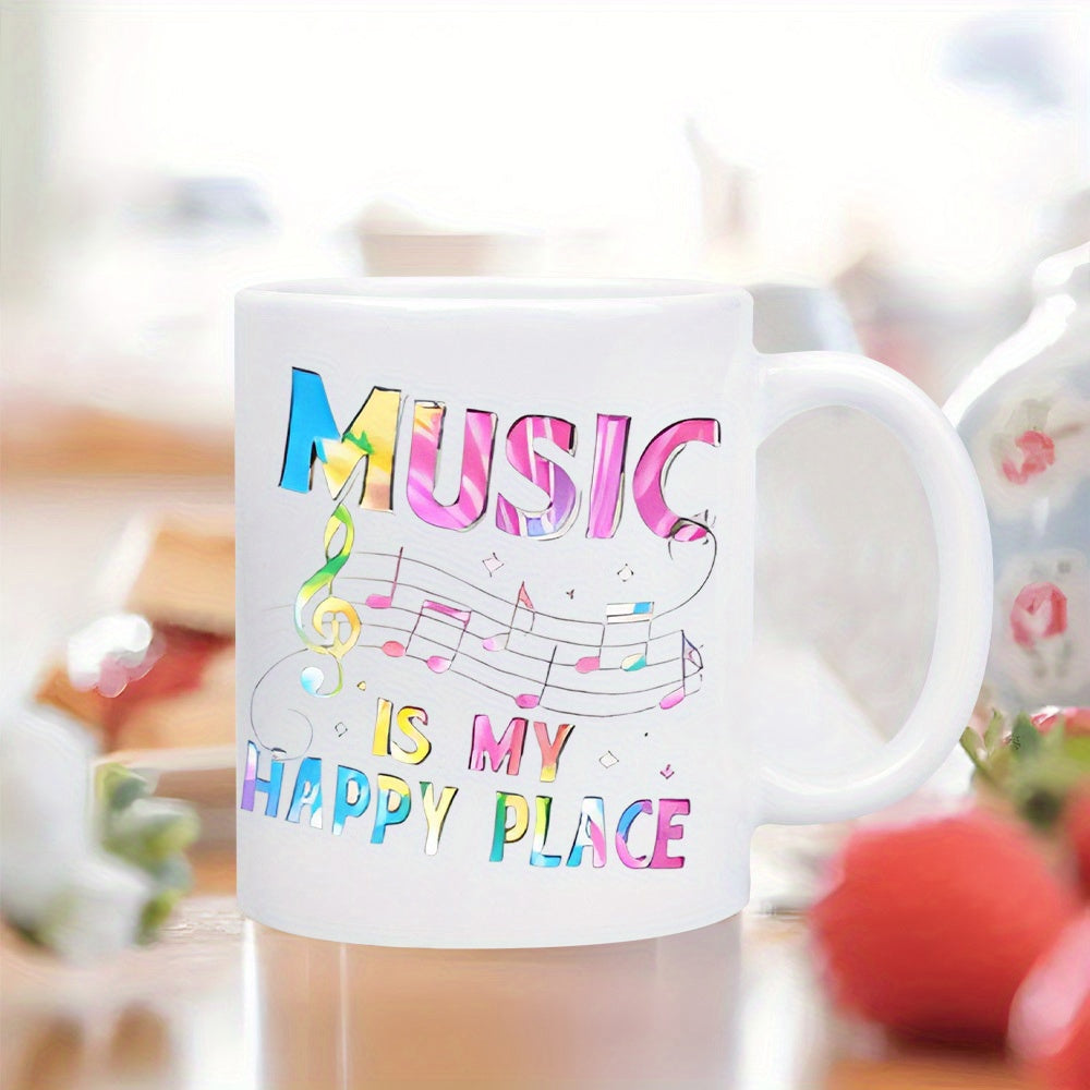 Tailorly White Ceramic 11 oz Mug - Music Is My Happy Place Colorful Watercolor Musical Notes Flowing Across A Staff With A Vibrant Treble Clef