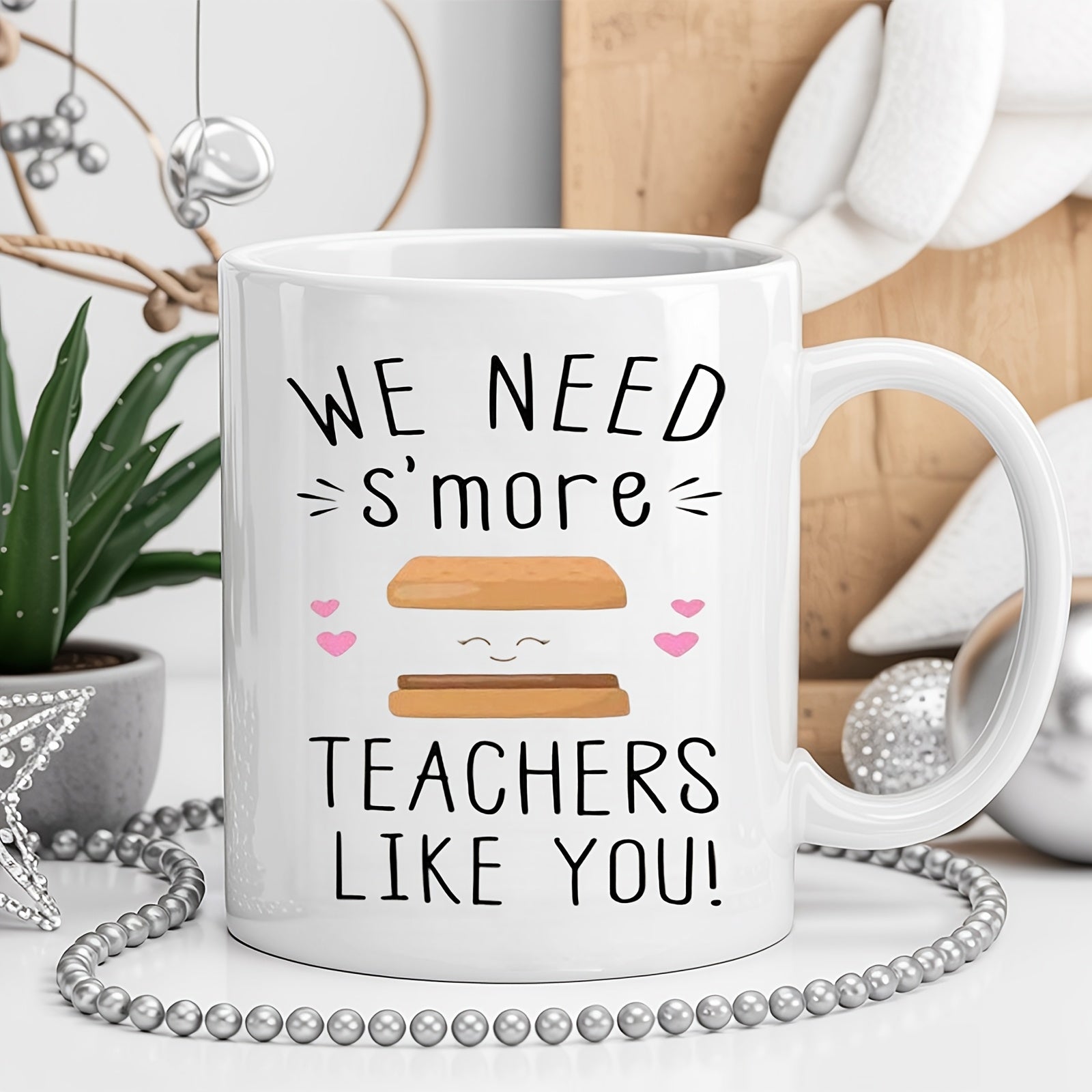 Tailorly White Ceramic 11 oz Mug - We Need Smore Teachers Like You Cute Cartoon Marshmallow Snack Among Small Pink Hearts Smore