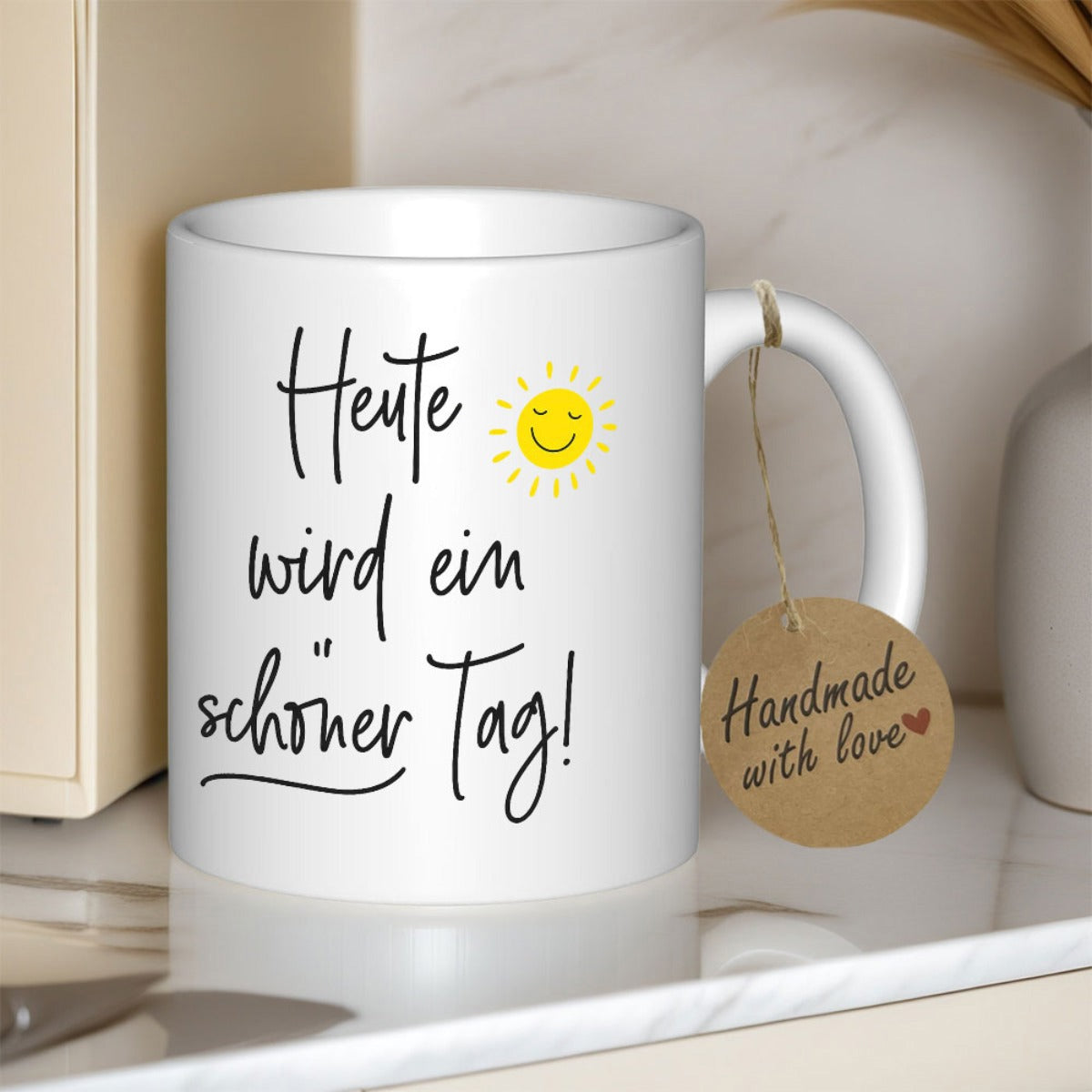 Tailorly White Ceramic 11 oz Mug - Handmade With Love Smiling Yellow Sun Glowing Over Inspirational Quotes On Pure