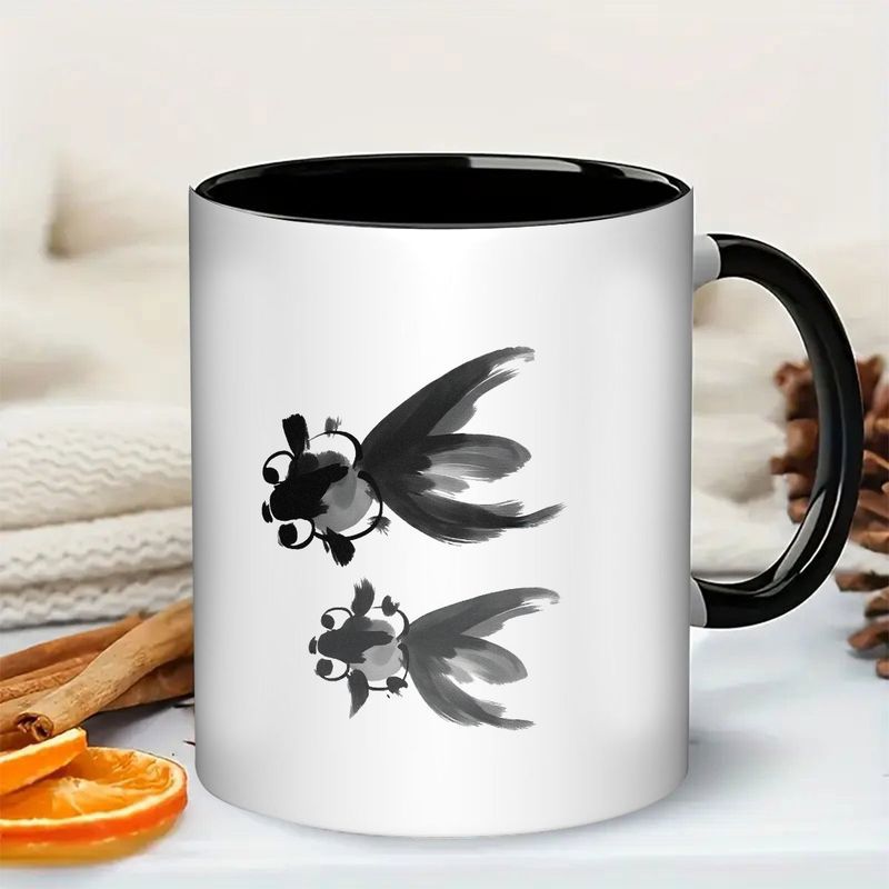 Tailorly Black Accent 11 oz Mug - elegant black white goldfish with koi fish design
