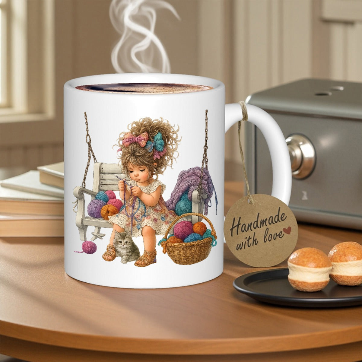Tailorly White Ceramic 11 oz Mug - Handmade With Love Adorable Little Child Knitting On Swing Among Colorful Yarn Girl