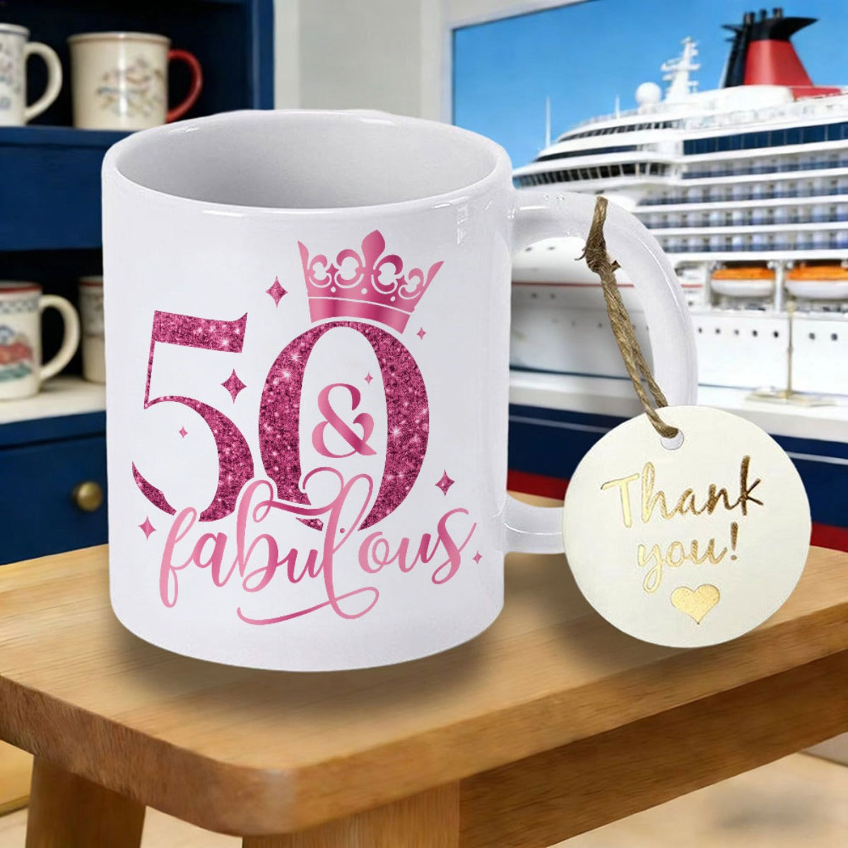 Tailorly White Ceramic 11 oz Mug - 50 Fabulous Pink Glittering Elegant Numbers Under A Royal Decorative Celebration Crown